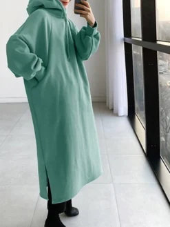 Women's Casual Dress Hoodie Dress Winter Dress Midi Dress Split Outdoor Daily Going Out Fashion Streetwear Hooded Long Sleeve 2023 Loose Fit Black Green Army Green Color S M L XL XXL Size -HANs Plus Size Style Shop kidcca1693880168025