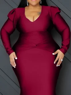 Women‘s Plus Size Curve Party Dress Bodycon Solid Color Long Dress Maxi Dress Long Sleeve Ruched V Neck Elegant Party Camel Black Summer Spring XL XXL 3XL 4XL 5XL -HANs Plus Size Style Shop kifcix1677925414443