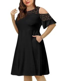 Women‘s Plus Size Curve Casual Dress Solid Color Crew Neck Lace Half Sleeve Fall Spring Casual Knee Length Dress Casual Daily Dress -HANs Plus Size Style Shop kilnvm1656060137560