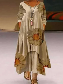 Women‘s Plus Size Curve Holiday Dress Floral Crew Neck Print Long Sleeve Fall Spring Casual Maxi Long Dress Casual Daily Dress