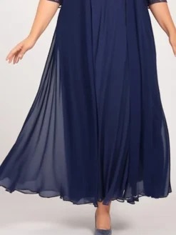 Women's Plus Size Curve Two Piece Dress Set Party Dress Chiffon Dress Party Wedding Guest Fashion Elegant Lace Long Dress Maxi Dress Crew Neck 3/4 Length Sleeve Plain Navy Blue Spring Fall L XL -HANs Plus Size Style Shop kjeywg1692340051999