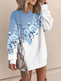 Women's Casual Dress Sweatshirt Dress Mini Dress Warm Fashion Outdoor Vacation Going Out Crew Neck Print Floral Loose Fit Pink Blue Purple S M L XL XXL