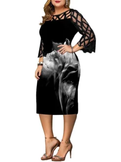 Women‘s Plus Size Curve Work Dress Sheath Dress Floral Butterfly Midi Dress 3/4 Length Sleeve Lace Print Crew Neck Elegant Outdoor Black Khaki Fall Spring XL XXL 3XL 4XL 5XL -HANs Plus Size Style Shop kjkpzb1673504839676