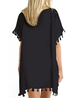 Women's Cover Up Beach Dress Beach Wear Mini Dress Tassel Fringe Basic Casual Plain V Neck Half Sleeve Loose Fit Outdoor Daily Black White 2023 Spring Summer M -HANs Plus Size Style Shop kjxeui1672903126798