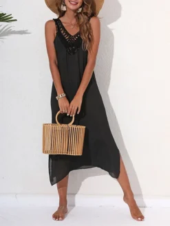 Women's Cover Up Beach Dress Beach Wear Midi Dress Backless Cut Out Basic Casual Plain V Neck Sleeveless Loose Fit Outdoor Daily Black White 2023 Spring Summer S M L XL -HANs Plus Size Style Shop kkdjob1674988945864