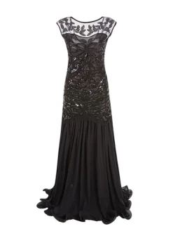 Women's Retro 1920s Sequin Dress Long Dress Maxi Dress Party Halloween Sequins Ruffle Leaf Crewneck Sleeveless Regular Fit Spring Fall 2023 Black Red S M L XL -HANs Plus Size Style Shop kkfwdg1692947218566