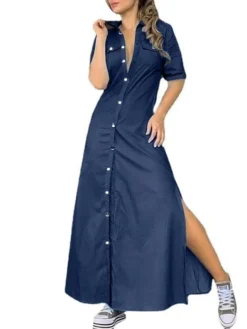 Women's Denim Dress Shirt Dress Shift Dress Maxi Long Dress Outdoor Vacation Denim Elegant Classic Shirt Collar Button Split Half Sleeve Summer Spring 2023 Regular Fit Black Navy Blue Light Blue Pure -HANs Plus Size Style Shop kkrawd1654746627100