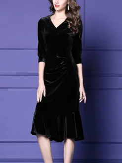 Women's Plus Size Curve Party Dress Velvet Dress Winter Dress Solid Color Midi Dress Long Sleeve Ruched V Neck Fashion Party Black Wine Fall Winter L XL XXL 3XL 4XL -HANs Plus Size Style Shop kkwvgo1694576153618