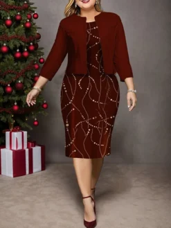 Women's Plus Size Curve Casual Dress Dress Set Two Piece Dress Geometric Midi Dress Long Sleeve Print Crew Neck Fashion Outdoor Wine Fall Winter L XL XXL 3XL 4XL