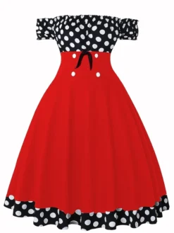 Women‘s Christmas Swing Dress Vintage Dress Midi Dress Black Red Short Sleeve Polka Dot Ruched Fall Spring Summer Off Shoulder Vintage Style Vacation Weekend 2022 S M L XL XXL -HANs Plus Size Style Shop klbjcv1629956807785