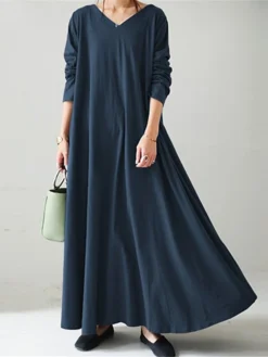 Women's Long Dress Maxi Dress Casual Dress Shift Dress Swing Dress Pure Color Casual Classic Daily Weekend Pocket Long Sleeve V Neck Dress Loose Fit Black Yellow Navy Blue Winter Fall S M L XL XXL