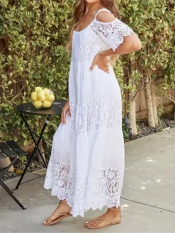 Women's Long Dress Maxi Dress Casual Dress Lace Dress White Dress Plain Fashion Modern Daily Holiday Vacation Lace Cold Shoulder Short Sleeve Square Neck Dress Regular Fit White Beige Summer Spring S -HANs Plus Size Style Shop kmsvng1680502366935