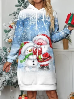Women's Casual Dress Hoodie Dress Mini Dress Warm Fashion Outdoor Christmas Holiday Hoodie Print Santa Claus Snowman Snowflake Loose Fit Pink Blue Purple S M L XL XXL