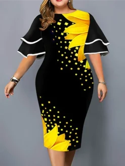 Women‘s Plus Size Curve Party Dress Floral Crew Neck Ruffle Short Sleeve Spring Fall Work Casual Prom Dress Midi Dress Casual Daily DressPrint -HANs Plus Size Style Shop kniupf1637920826410