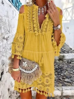 Women's Shift Dress Boho Dress Mini Dress White Yellow Pink 3/4 Length Sleeve Pure Color Tassel Fringe Summer Spring V Neck Vacation Loose Fit 2023 S M L XL XXL 3XL 4XL 5XL -HANs Plus Size Style Shop knqxtb1657266461288