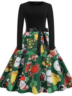 Women's Christmas Casual Dress Swing Dress Midi Dress Green Light Green Red Long Sleeve Santa Claus Elk Snowman Bow Print Winter Fall V Neck Vacation Vintage 2022 S M L XL XXL 3XL -HANs Plus Size Style Shop knutio1666762310247