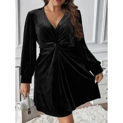 Women's Plus Size Curve Party Dress Black Velvet Dress Cocktail Dress Solid Color Mini Dress Long Sleeve Ruched V Neck Fashion Party Black Fall Winter XL XXL 3XL