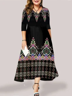 Women's Plus Size Curve Casual Dress Swing Dress Floral Long Dress Maxi Dress 3/4 Length Sleeve Pocket Print V Neck Fashion Outdoor Black Yellow Fall Winter L XL XXL 3XL 4XL