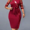 Women's Plus Size Party Dress Sequin Dress Cocktail Dress Midi Dress Wine Half Sleeve Pure Color Lace Up Summer Spring Fall V Neck Fashion Wedding Guest Birthday Vacation 2023 XL XXL 3XL 4XL 5XL
