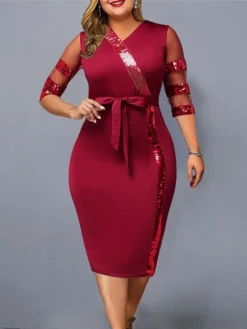 Women's Plus Size Party Dress Sequin Dress Cocktail Dress Midi Dress Wine Half Sleeve Pure Color Lace Up Summer Spring Fall V Neck Fashion Wedding Guest Birthday Vacation 2023 XL XXL 3XL 4XL 5XL
