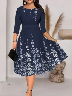Women‘s Plus Size Curve Work Dress Swing Dress A Line Dress Fashion Midi Dress Print Crew Neck 3/4 Length Sleeve Floral Regular Fit Blue Fuchsia Green Summer Fall L XL XXL 3XL 4XL