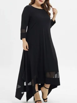 Women‘s Plus Size Curve Casual Dress Pure Color Crew Neck 3/4 Length Sleeve Spring Fall Casual Maxi Long Dress Daily Vacation Dress Black Dress -HANs Plus Size Style Shop kozwpd1666950760224