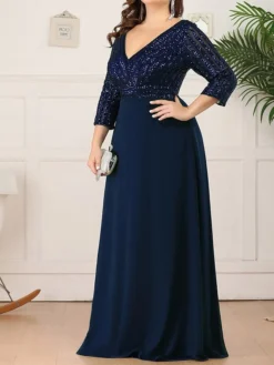 Women's Plus Size Curve Party Dress Sequin Dress Chiffon Dress Plain Long Dress Maxi Dress 3/4 Length Sleeve Patchwork V Neck Fashion Party Navy Blue Fall Winter L XL XXL 3XL 4XL -HANs Plus Size Style Shop kpwaxv1697193154625