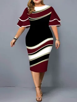 Women‘s Plus Size Curve Work Dress Bodycon Sheath Dress Color Block Midi Dress Half Sleeve Ruffle Crew Neck Fashion Outdoor Wine Red Fall Spring XL XXL 3XL 4XL 5XL -HANs Plus Size Style Shop kqaibk1673251736711