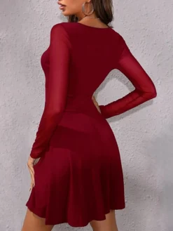 Women's Casual Dress A Line Dress Mini Dress Black Wine Long Sleeve Pure Color Mesh Summer Spring V Neck Fashion Vacation Fall Dress 2023 S M L XL -HANs Plus Size Style Shop kqbrhz1646884626366