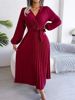 Women's Casual Dress Swing Dress Long Dress Maxi Dress Black Red Royal Blue Long Sleeve Pure Color Lace Up Spring Fall Winter V Neck Fashion 2023 S M L XL