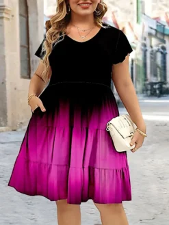 Women‘s Plus Size Curve Casual Dress A Line Dress Floral Gradient Midi Dress Short Sleeve Print Crew Neck Romantic Daily Light Green Red Summer Spring L XL XXL 3XL 4XL -HANs Plus Size Style Shop krbyha1678357853093