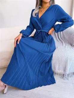Women's Casual Dress Swing Dress Long Dress Maxi Dress Black Red Royal Blue Long Sleeve Pure Color Lace Up Spring Fall Winter V Neck Fashion 2023 S M L XL -HANs Plus Size Style Shop krefey1670581801575