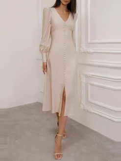 Women's Casual Dress Vintage Dress Swing Dress Long Dress Maxi Dress White Brown Beige Long Sleeve Pure Color Ruched Fall Winter Autumn V Neck Vintage Winter Dress Fall Dress 2023 S M L XL