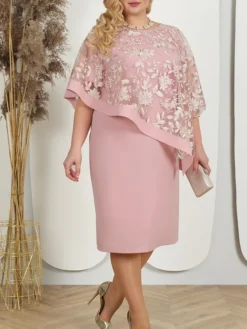 Women's Plus Size Curve Party Dress Lace Dress Cocktail Dress Midi Dress Pink Blue Half Sleeve Floral Lace Summer Spring Fall Crew Neck Fashion Birthday Wedding Guest Vacation L XL XXL 3XL 4XL 5XL