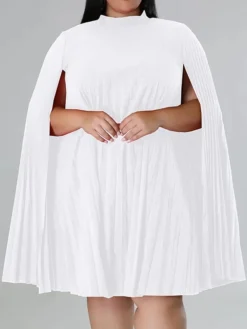 Women‘s Plus Size Curve Casual Dress Shift Dress Solid Color Midi Dress Long Sleeve Pleated Stand Collar Basic Daily Black White Fall Spring XL XXL 3XL 4XL 5XL