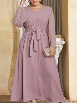 Women's Plus Size Prom Dress Party Dress Wedding Guest Dress Midi Dress Light Purple Long Sleeve Pure Color Lace Up Fall Winter Autumn Crew Neck Fashion Winter Dress Evening Party Wedding Guest 2023 -HANs Plus Size Style Shop krxlvk1693535305669