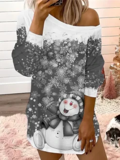 Women's Casual Dress Christmas Dress Sweatshirt Dress Snowman Snowflake Cold Shoulder Print One Shoulder Mini Dress Fashion Streetwear Outdoor Christmas Long Sleeve Loose Fit Black Red Blue Fall -HANs Plus Size Style Shop ksgihw1695111669262