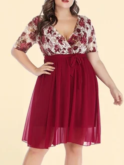 Women‘s Plus Size Curve Party Dress Cocktail Dress Wedding Guest Dress Midi Dress Black Wine Short Sleeve Floral Lace Up Summer Spring Fall V Neck Fashion Birthday Wedding Guest Vacation 2023 -HANs Plus Size Style Shop kswybf1691399399391