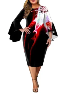 Women‘s Plus Size Curve Party Dress Floral Crew Neck Ruffle Long Sleeve Fall Spring Elegant Prom Dress Knee Length Dress Formal Going Out Dress Work Dress Print -HANs Plus Size Style Shop kteasm1637056701012