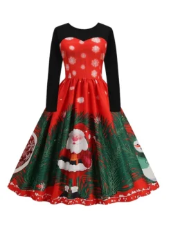 Women‘s Christmas Retro Elegant Vintage Dress Midi Dress Party Ruched Patchwork Santa Claus Crew Neck Long Sleeve Regular Fit Fall Winter 2023 Black Red S M L XL -HANs Plus Size Style Shop ktgmbq1694426161408