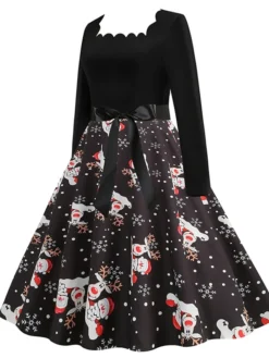 Women's Christmas Vintage Dress Midi Dress Black And White Green Black Long Sleeve Santa Claus Bow Winter Fall Autumn Square Neck Stylish Christmas Vacation 2022 S M L XL XXL 3XL -HANs Plus Size Style Shop kthqpi1667637298304