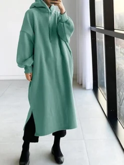 Women's Casual Dress Hoodie Dress Winter Dress Midi Dress Split Outdoor Daily Going Out Fashion Streetwear Hooded Long Sleeve 2023 Loose Fit Black Green Army Green Color S M L XL XXL Size -HANs Plus Size Style Shop kthxtq1693880167270