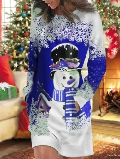 Women's Christmas Casual Dress Sweatshirt Dress Mini Dress Warm Fashion OutdoorHoliday Crew Neck Pocket Print Snowman Snowflake Loose Fit Red Purple Green S M L XL XXL -HANs Plus Size Style Shop ktioxd1695644539248