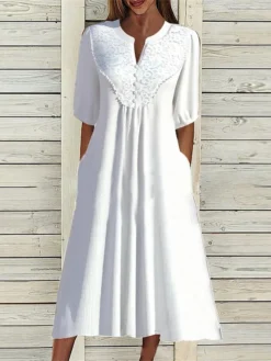 Women's Casual Dress White Dress Summer Dress Midi Dress Lace Button Outdoor Daily Vacation Fashion Modern Split Neck Half Sleeve 2023 Loose Fit White Color S M L XL XXL Size