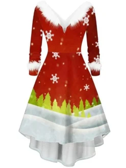 Women's Christmas Casual Dress Swing Dress Blue Wine Red White Long Sleeve Santa Claus SnowmanTree Feather Print Winter Fall V Neck Vintage ElegantFall Dress 2022 S M L XL XXL -HANs Plus Size Style Shop ktxcgk1666003341167