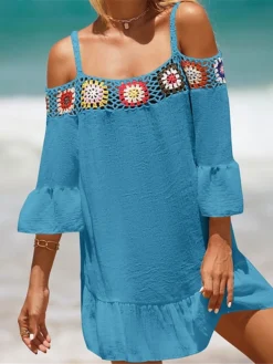 Women's Cover Up Beach Dress Beach Wear Mini Dress Ruffle Backless Ethnic Casual Floral Spaghetti Strap 3/4 Length Sleeve Loose Fit Outdoor Daily Black White 2023 Spring Summer One Size -HANs Plus Size Style Shop kudyrd1672903083420