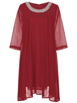 Women‘s Plus Size Curve Work Dress Chiffon Dress Swing Dress Fashion Midi Dress Layered Fake Two Piece Crew Neck 3/4 Length Sleeve Plain Regular Fit Black Red Navy Blue Summer Spring -HANs Plus Size Style Shop kueyio1691042502681