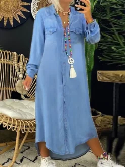 Women's Denim Dress Casual Dress Shift Dress Maxi Long Dress Cotton Denim Casual Mature Outdoor Winter Dress Daily Shirt Collar Button Pocket Long Sleeve Summer Spring Fall 2023 Loose Fit Black Dark