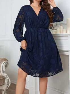 Women's Plus Size Curve Party Dress Lace Dress Wedding Guest Dress Midi Dress Dark Blue Long Sleeve Flower Lace Spring Fall Winter V Neck Fashion Evening Party Wedding Guest XL XXL 3XL 4XL -HANs Plus Size Style Shop kuveei1692947439045