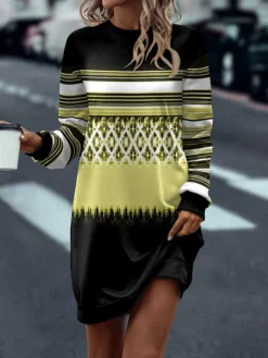 Women's Casual Dress Sweatshirt Dress Mini Dress Warm Fashion Outdoor Christmas Vacation Crew Neck Print Striped Regular Fit Yellow Blue Gray S M L XL XXL -HANs Plus Size Style Shop kvsjjh1697537202940